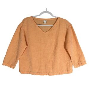Eileen‎ Fisher Vtg Textured 3/4 Sleeve Top XS Italian Linen Rayon Peach V-Neck
